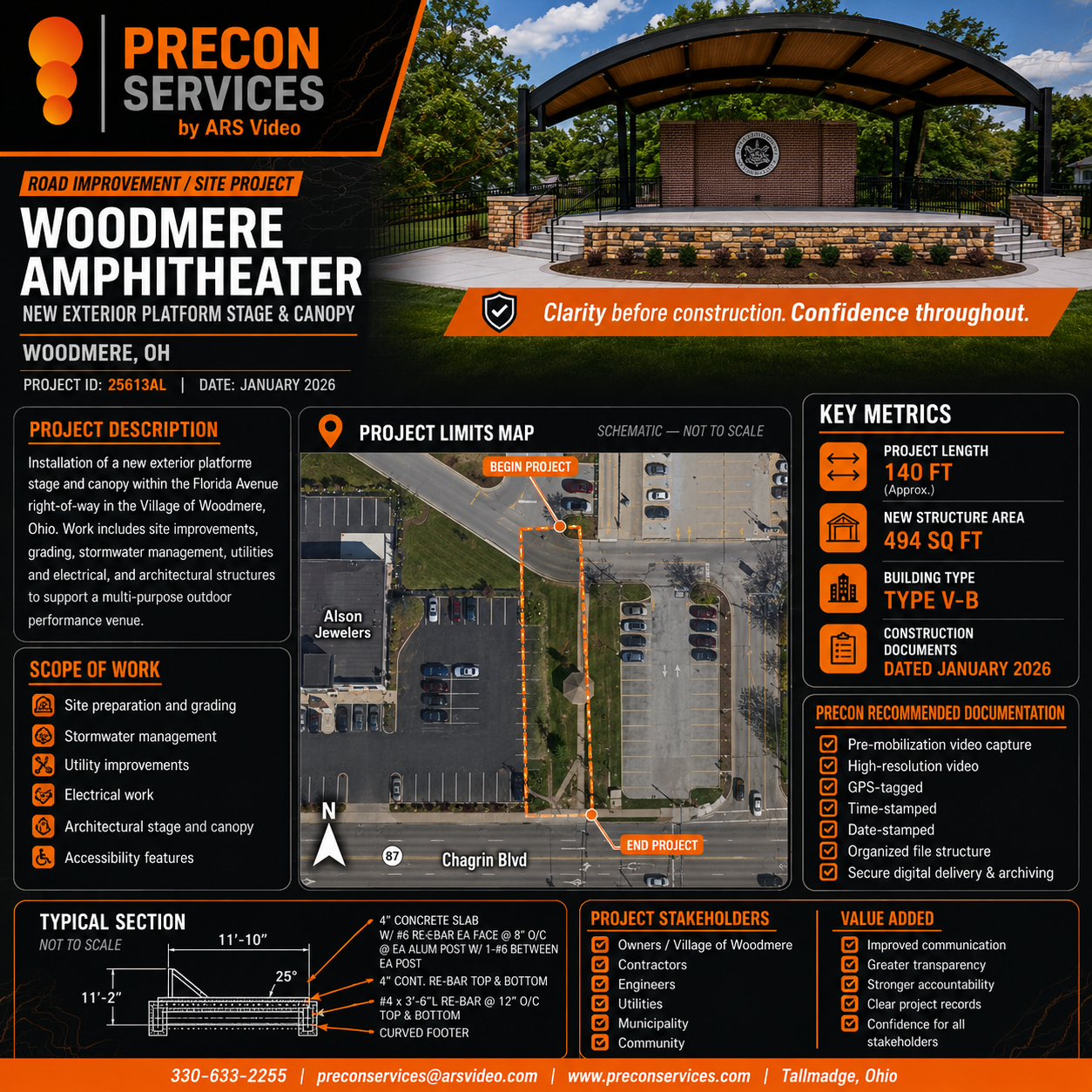 Woodmere – Ampitheater PRECON Services by ARS Video was proud to support the **Woodmere Amphitheater project in Woodmere, Ohio** by providing detailed pre-construction documentation. Ahead of construction, we carefully captured existing conditions in and around the project right-of-way, creating a clear, organized visual record for the **January 2026 project**. That documentation helps protect our clients while adding value for owners, contractors, engineers, utilities, municipalities, and the community through stronger communication, accountability, and transparency. **Clarity before construction. Confidence throughout.**